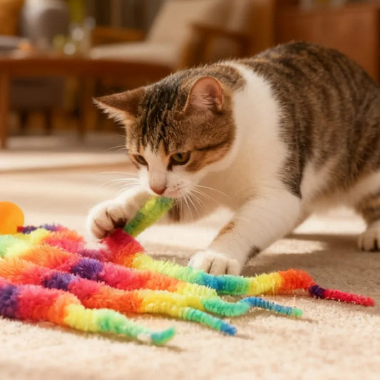 Ver Coloré Interactif pour Chat — Boule Fluo, Rebondissant & Irrésistible 🐛