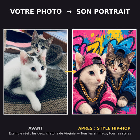 Avant apres portrait de chats style hip-hop - exemple reel de deux chatons transformes en portrait d'art