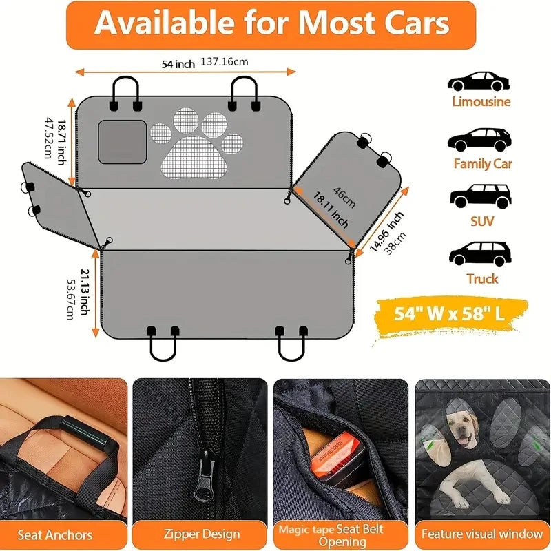 Hamac de Voiture pour Chien — 100% Étanche, Fenêtre Maille & Fermeture Éclair