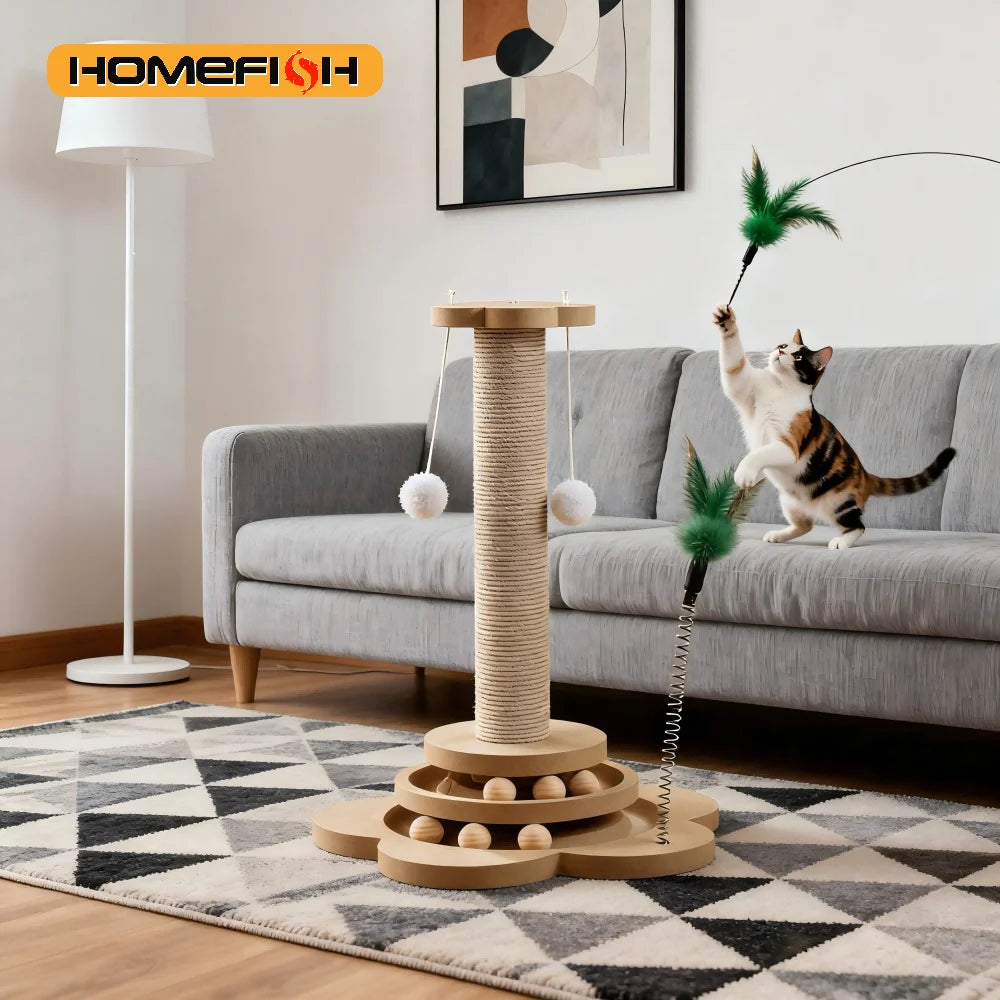 Jouet en Bois Massif pour Chat — Plateau Tournant avec Balles & Griffoir Sisal 🐱