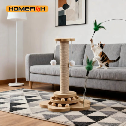 Arbre à Chat en Bois Massif — Plateau Tournant à Balles, Griffoir Sisal & Plumeau 🐱