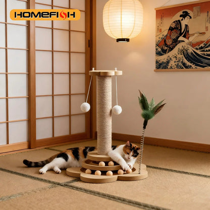 Jouet en Bois Massif pour Chat — Plateau Tournant avec Balles & Griffoir Sisal 🐱