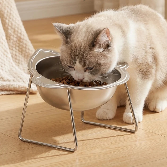 Gamelle Surélevée Inclinée 15° en Inox pour Chat & Chien — Anti-Cervicales & Posture Saine 🍽️