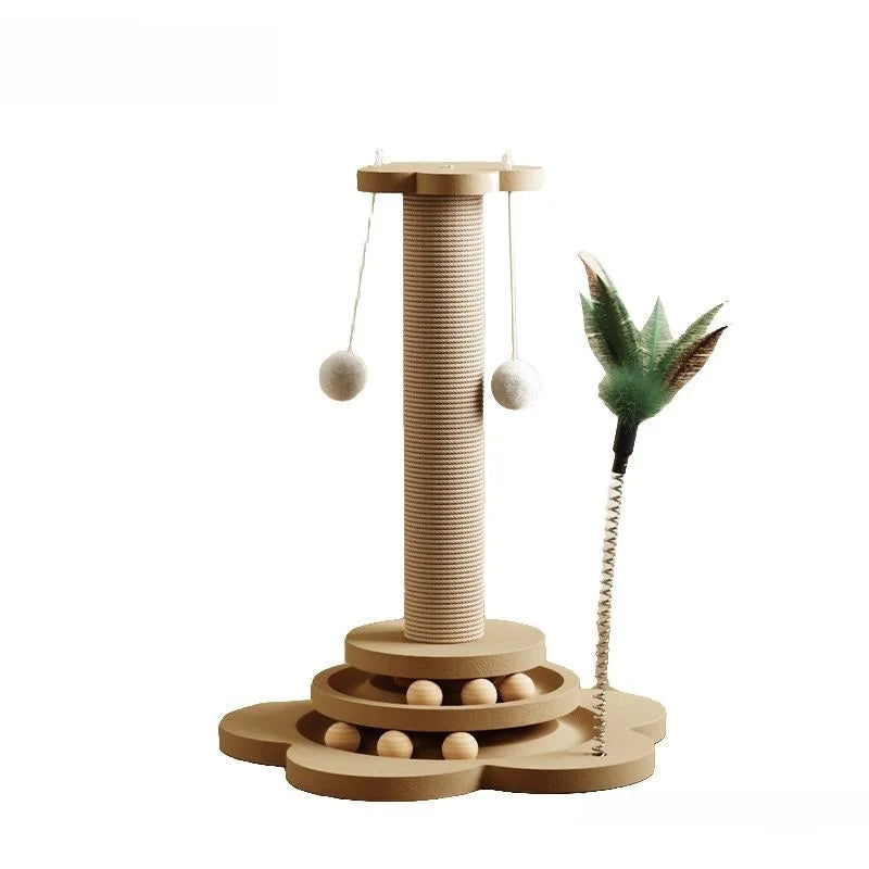 Arbre à Chat en Bois Massif — Plateau Tournant à Balles, Griffoir Sisal & Plumeau 🐱