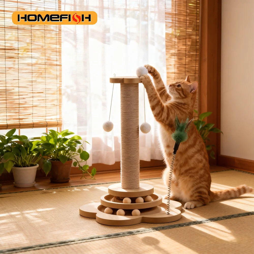 Arbre à Chat en Bois Massif — Plateau Tournant à Balles, Griffoir Sisal & Plumeau 🐱