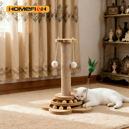 Jouet en Bois Massif pour Chat — Plateau Tournant avec Balles & Griffoir Sisal 🐱