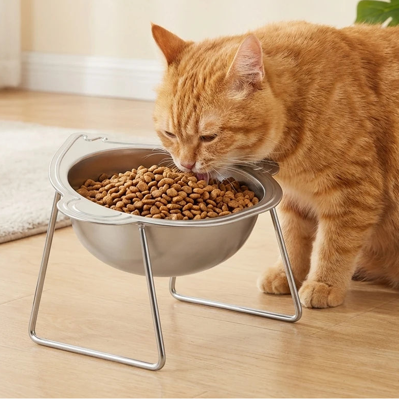 Gamelle Surélevée Inclinée 15° en Inox pour Chat & Chien — Anti-Cervicales & Posture Saine 🍽️