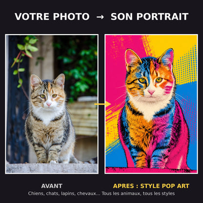 Avant apres portrait de chat pop art colore style Warhol - transformation photo en portrait d'art