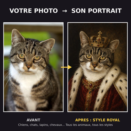 Avant apres portrait de chat style royal avec couronne - exemple transformation photo en portrait d'art
