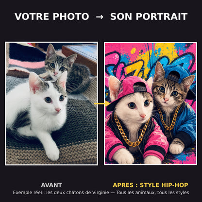 Avant apres portrait de chats style hip-hop - exemple reel de deux chatons transformes en portrait d'art