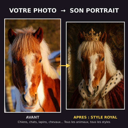 Avant apres portrait de cheval style royal avec couronne - transformation photo en portrait d'art equin